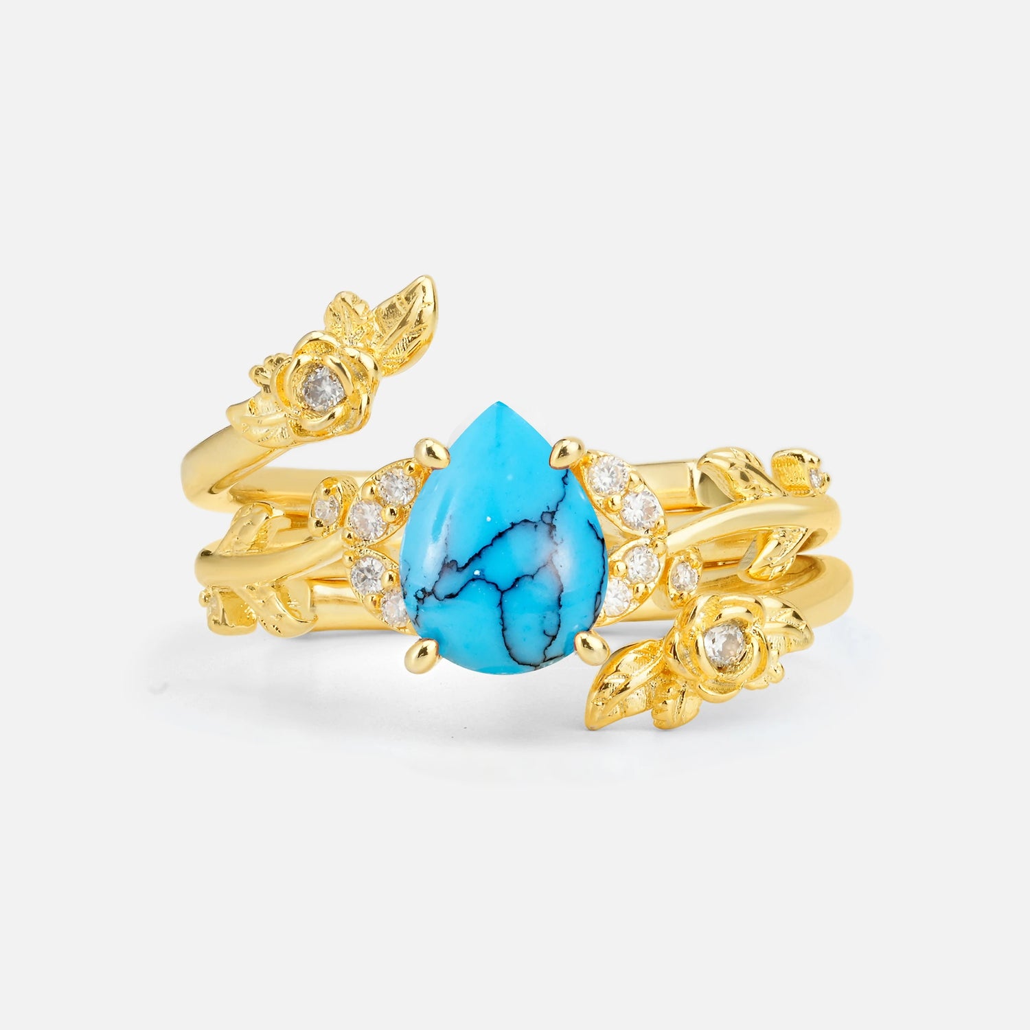 Pear Cut Turquoise Floral Vine Bridal Ring Set