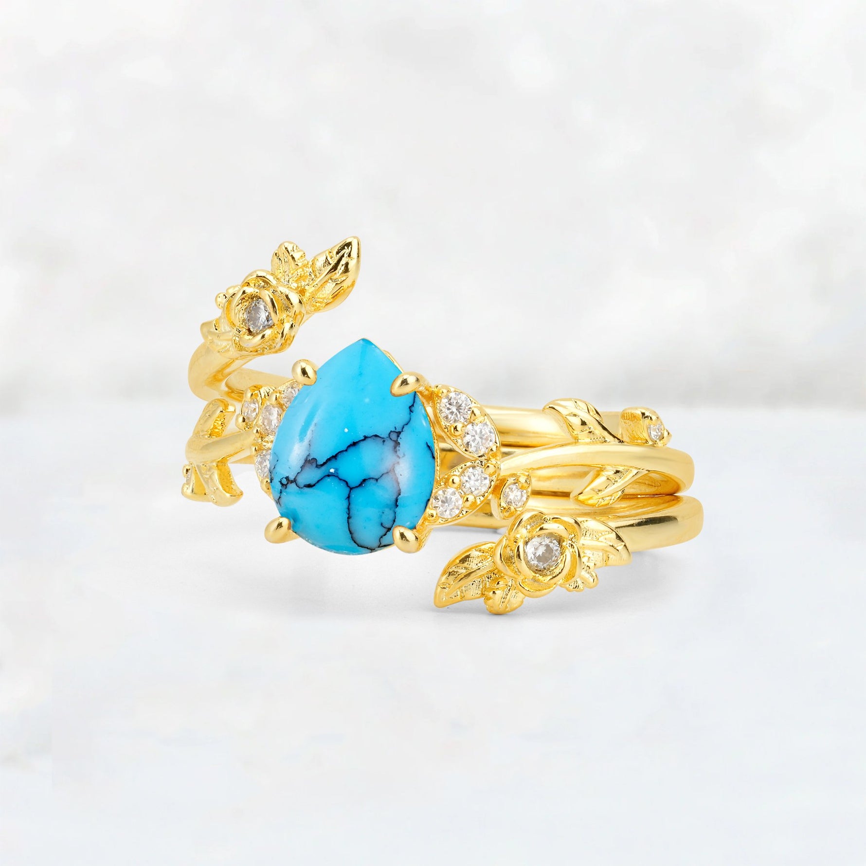 Pear Cut Turquoise Floral Vine Bridal Ring Set - Additional view
