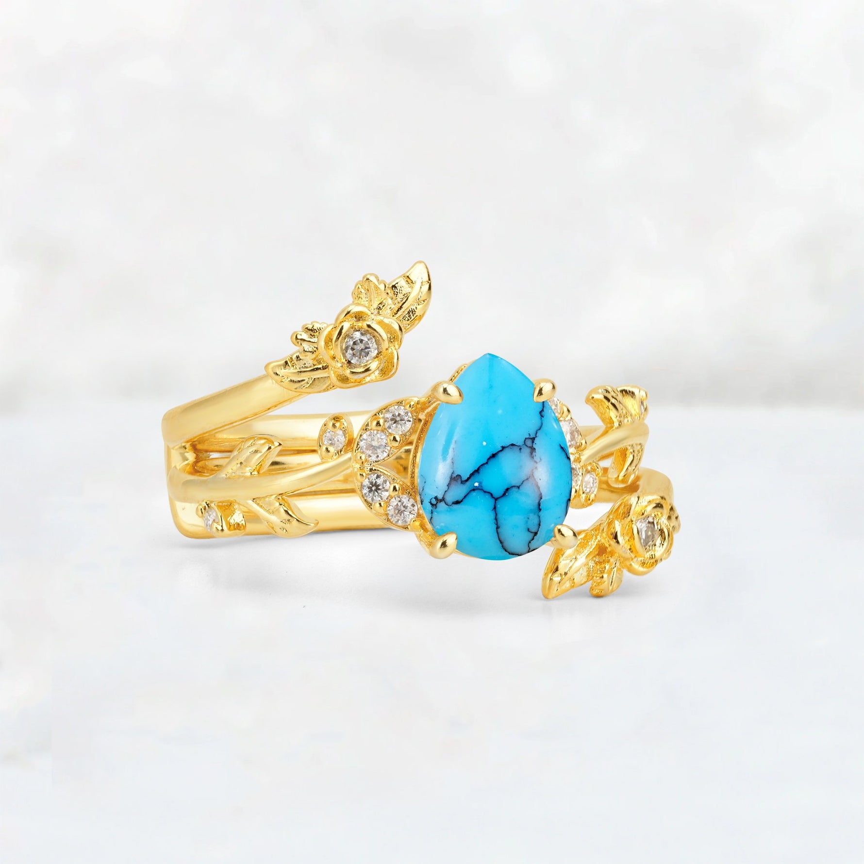 Pear Cut Turquoise Floral Vine Bridal Ring Set - Additional view