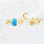Pear Cut Turquoise Floral Vine Bridal Ring Set - Additional view