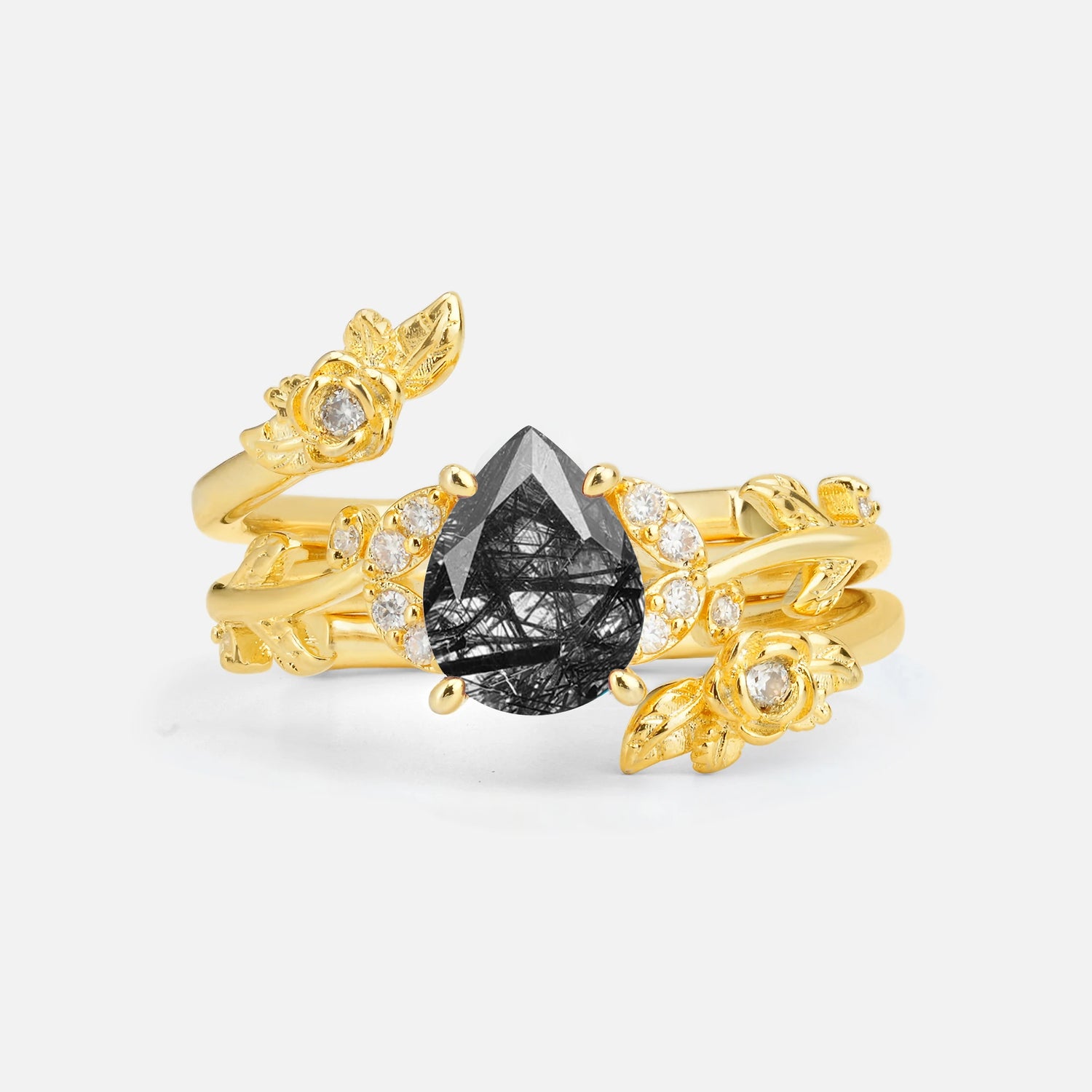 Pear Cut Black Rutilated Quartz Floral Vine Bridal Ring Set