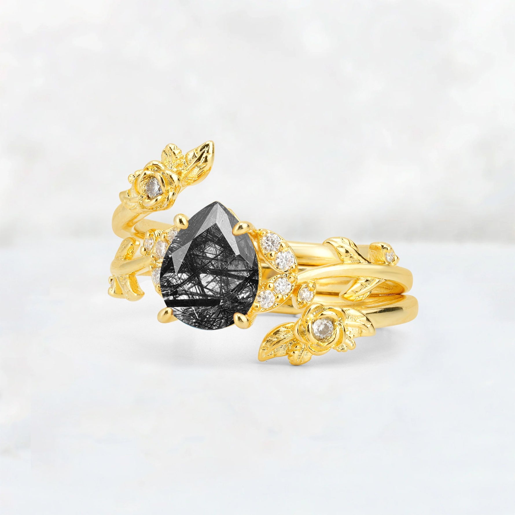 Pear Cut Black Rutilated Quartz Floral Vine Bridal Ring Set - Additional view