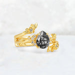 Pear Cut Black Rutilated Quartz Floral Vine Bridal Ring Set - Additional view
