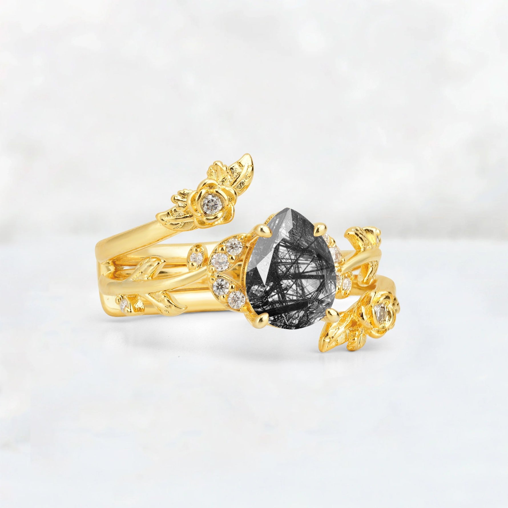 Pear Cut Black Rutilated Quartz Floral Vine Bridal Ring Set - Additional view