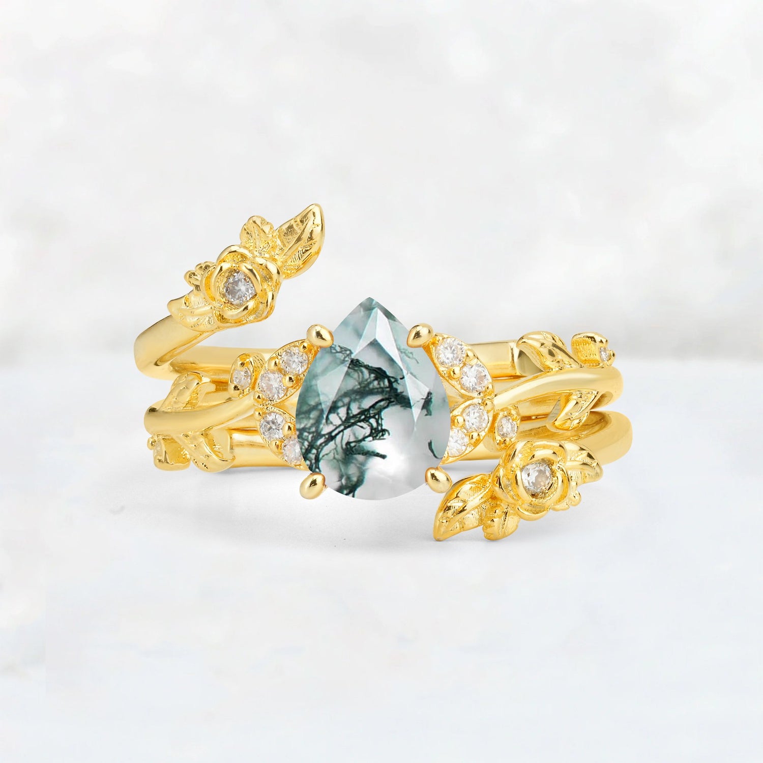 Pear Cut Moss Agate Floral Vine Bridal Ring Set - Additional view