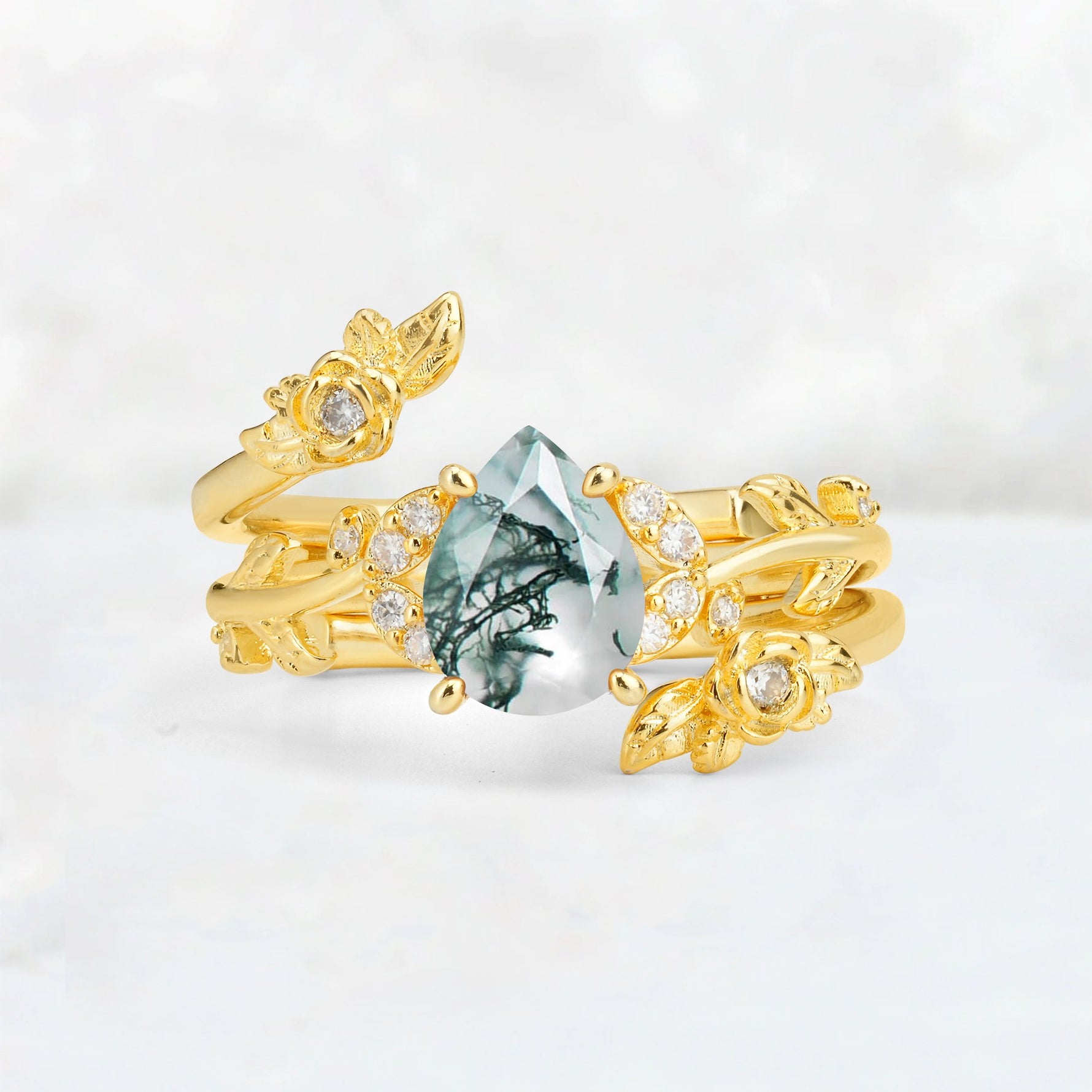 Pear Cut Moss Agate Floral Vine Bridal Ring Set - Additional view