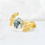 Pear Cut Moss Agate Floral Vine Bridal Ring Set - Additional view