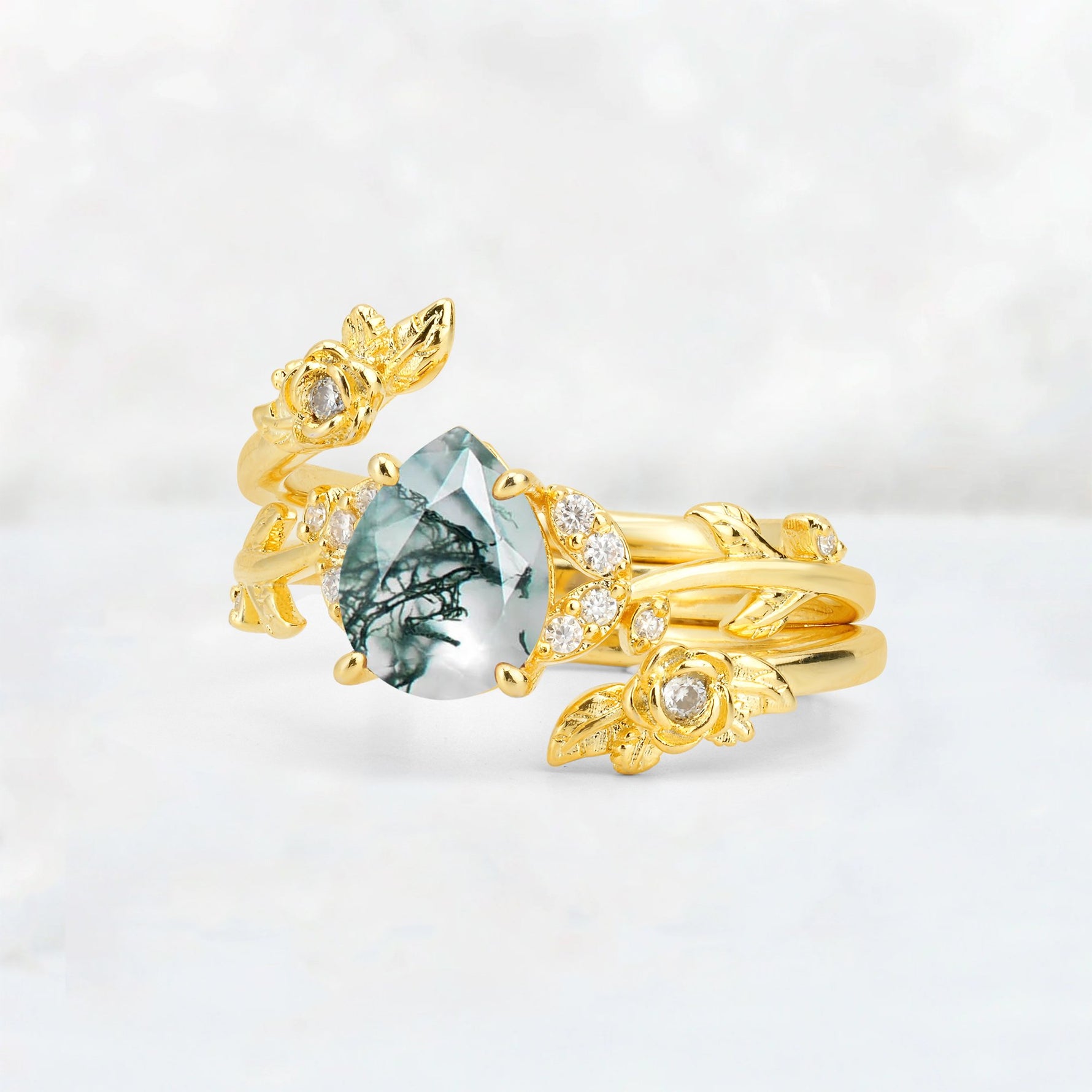 Pear Cut Moss Agate Floral Vine Bridal Ring Set - Additional view