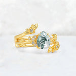 Pear Cut Moss Agate Floral Vine Bridal Ring Set - Additional view