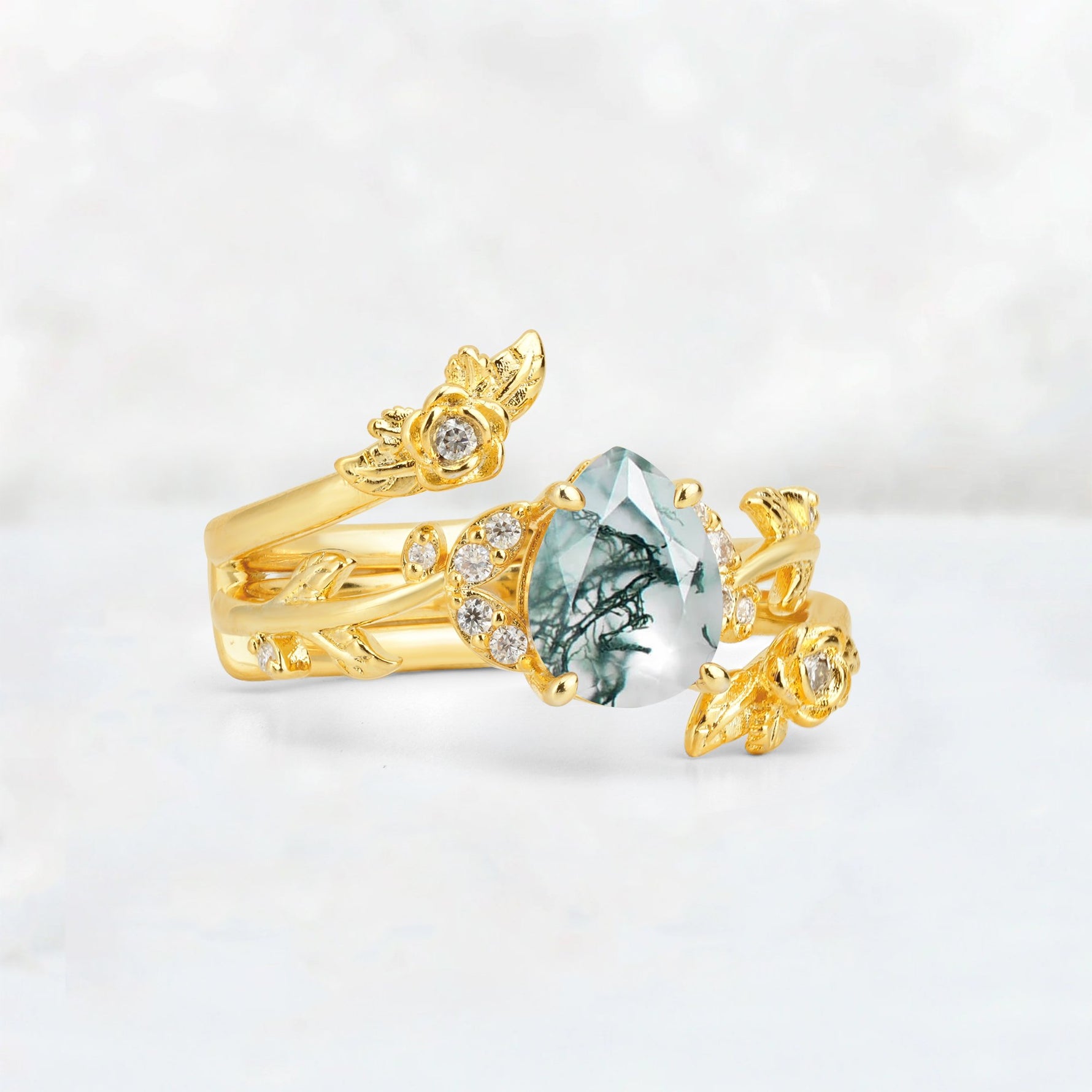 Pear Cut Moss Agate Floral Vine Bridal Ring Set - Additional view