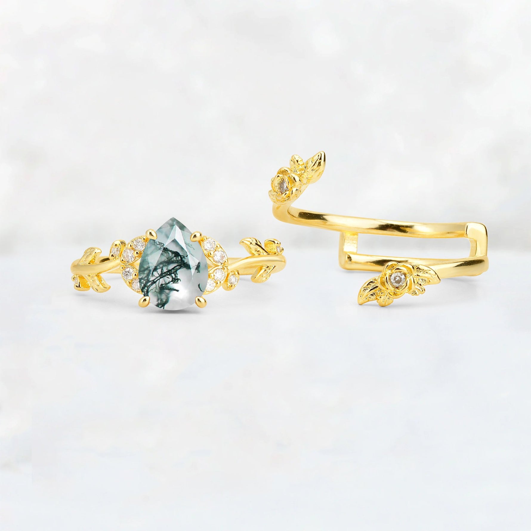 Pear Cut Moss Agate Floral Vine Bridal Ring Set - Additional view