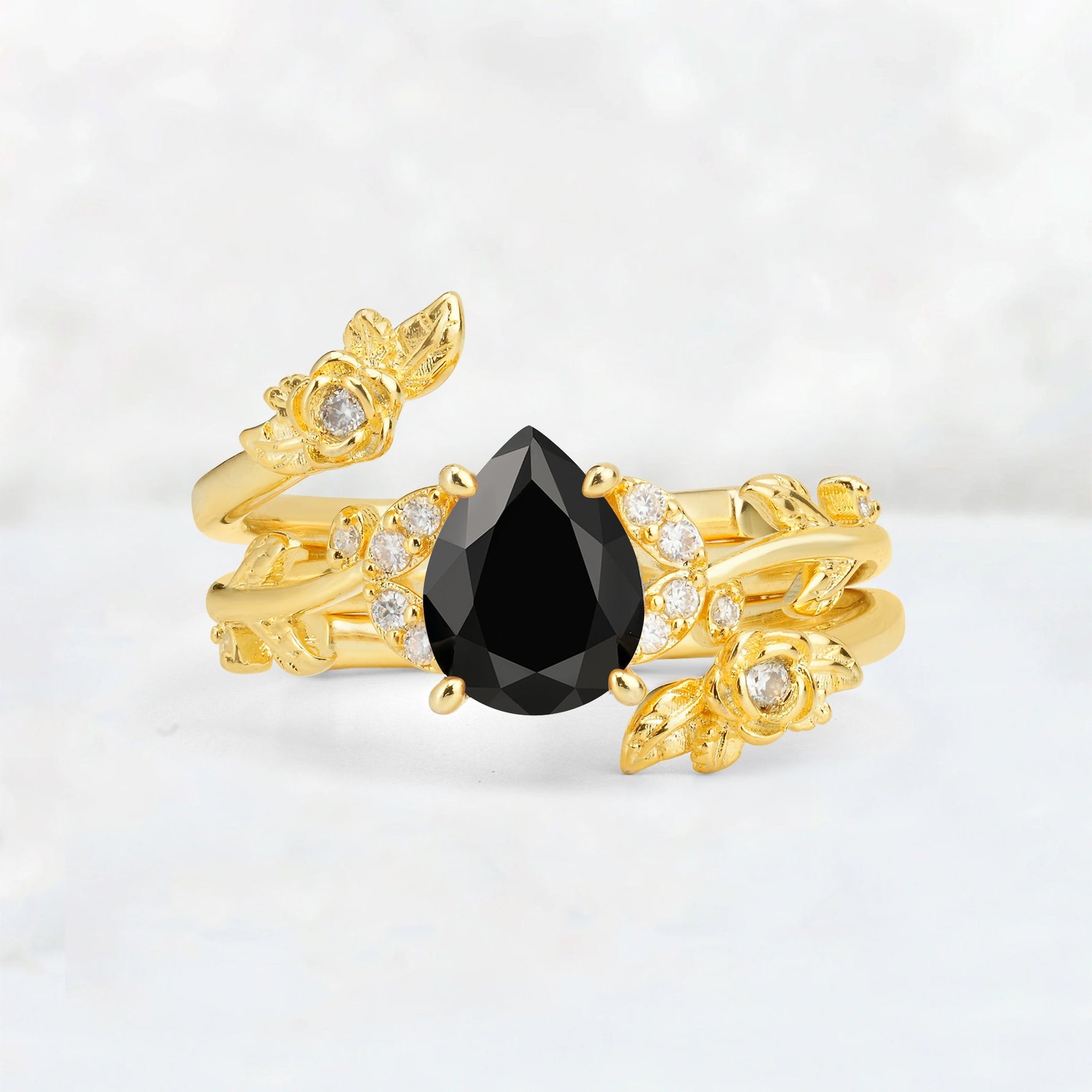 Pear Cut Black Onyx Floral Vine Bridal Ring Set - Additional view