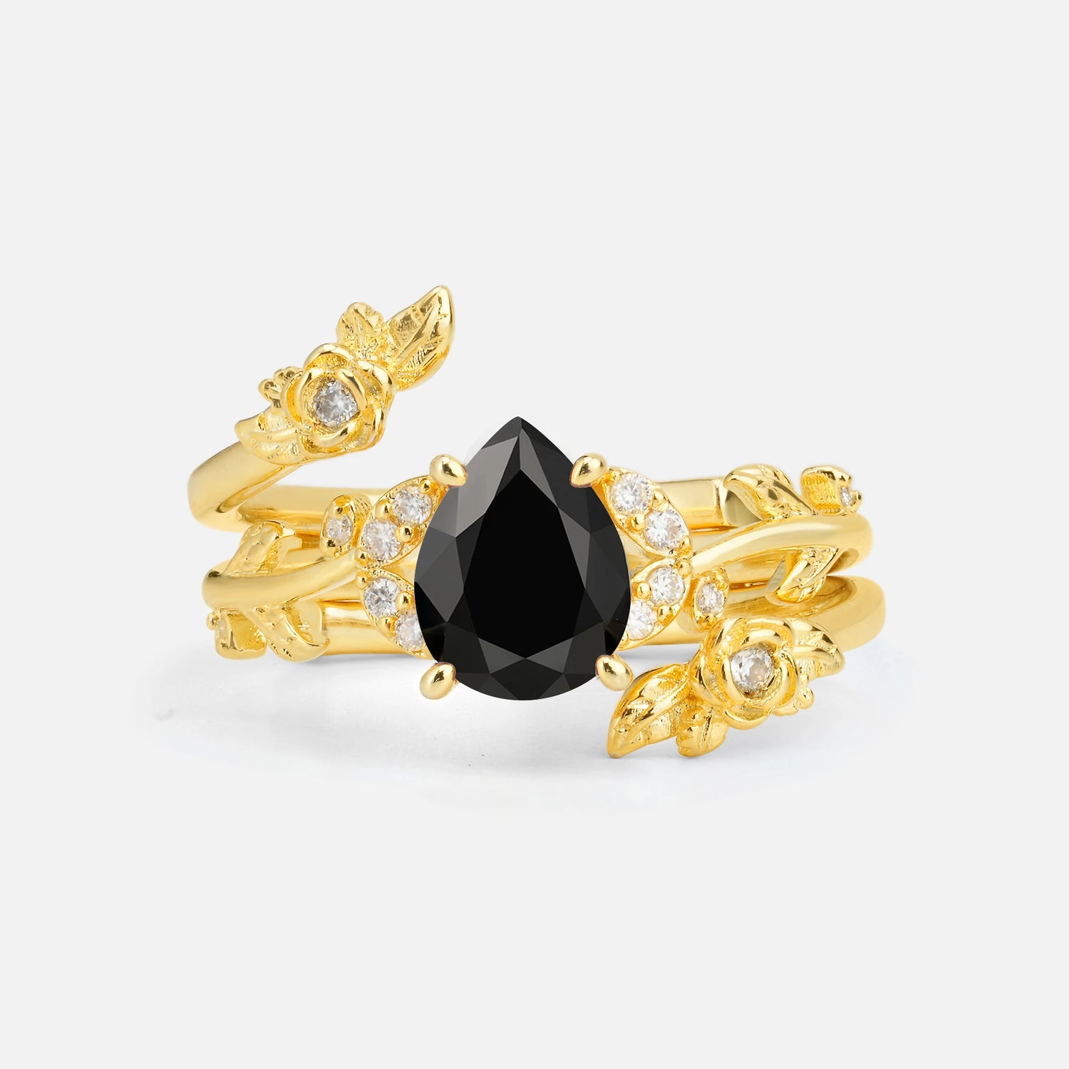 Pear Cut Black Onyx Floral Vine Bridal Ring Set