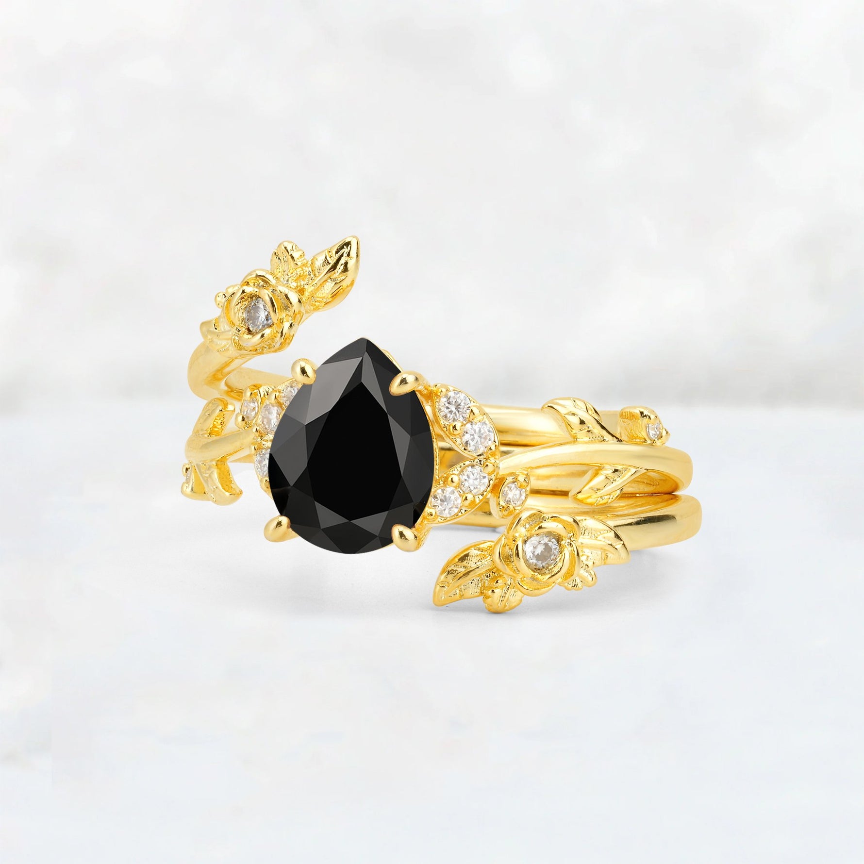 Pear Cut Black Onyx Floral Vine Bridal Ring Set - Additional view