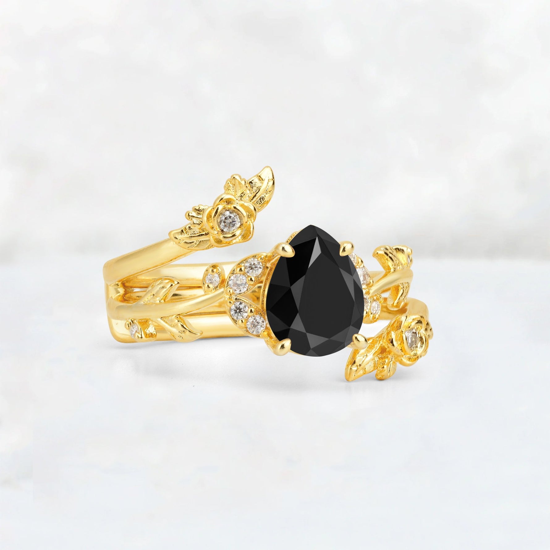 Pear Cut Black Onyx Floral Vine Bridal Ring Set - Additional view