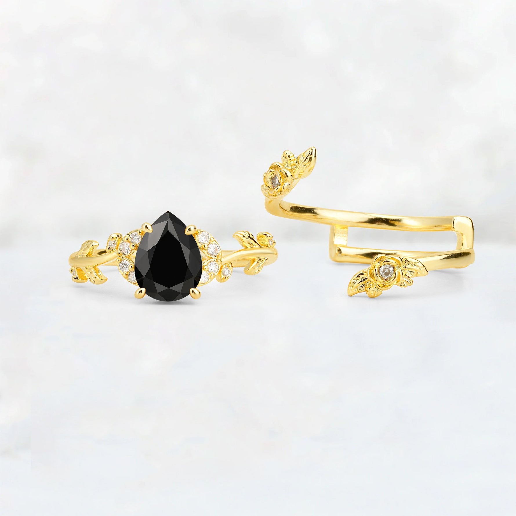 Pear Cut Black Onyx Floral Vine Bridal Ring Set - Additional view