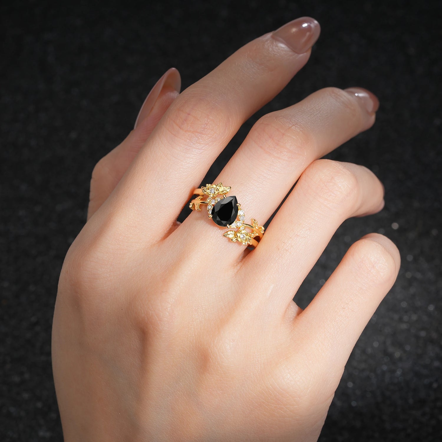 Pear Cut Black Onyx Floral Vine Bridal Ring Set