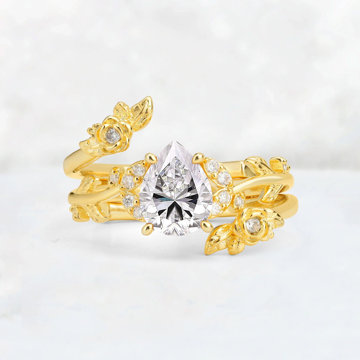 Pear Cut Lab Diamond Floral Vine Bridal Ring Set - Additional view