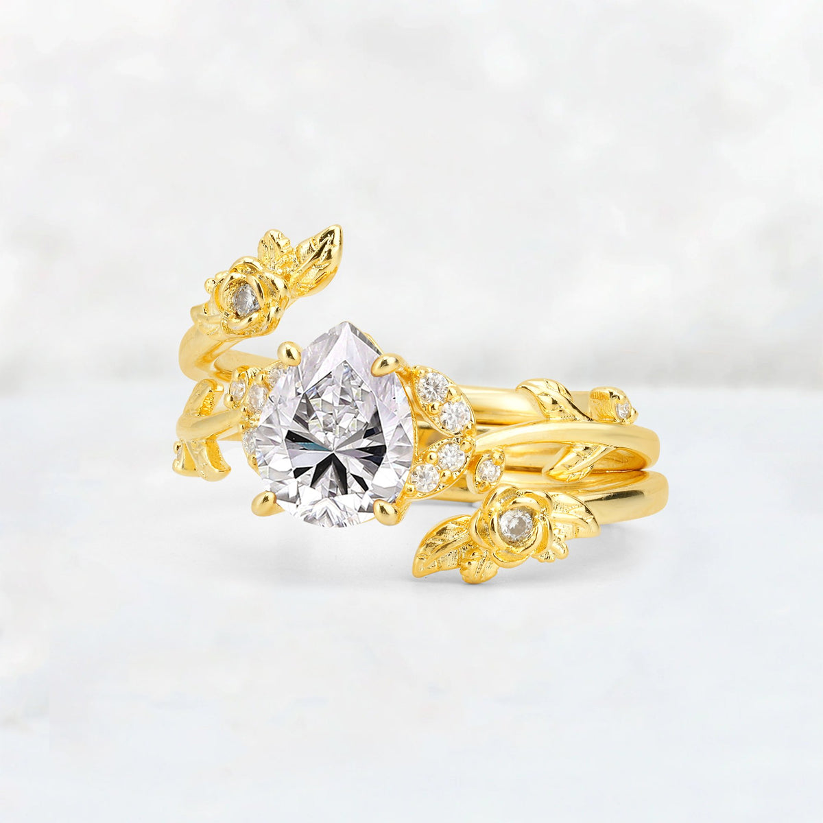 Pear Cut Lab Diamond Floral Vine Bridal Ring Set - Additional view