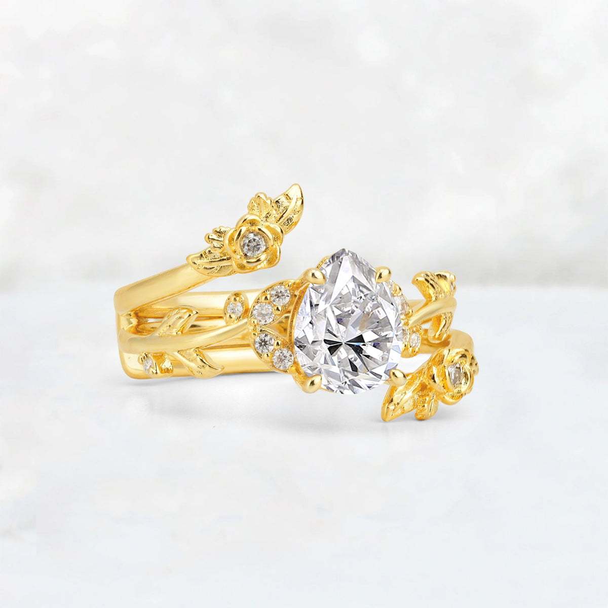 Pear Cut Lab Diamond Floral Vine Bridal Ring Set - Additional view