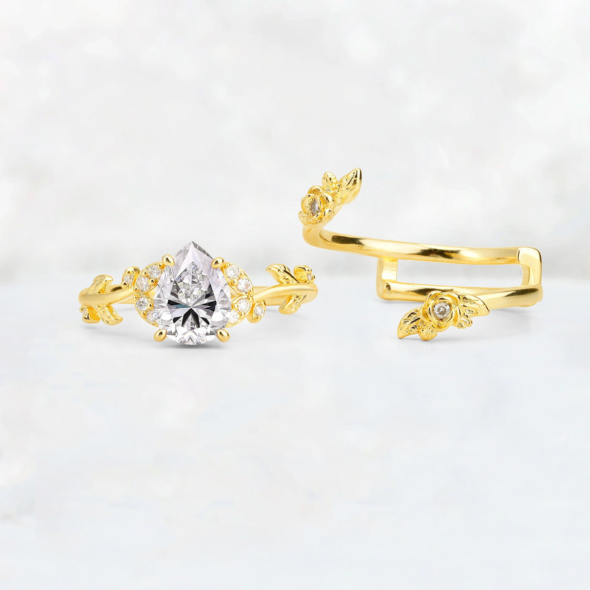 Pear Cut Lab Diamond Floral Vine Bridal Ring Set - Additional view