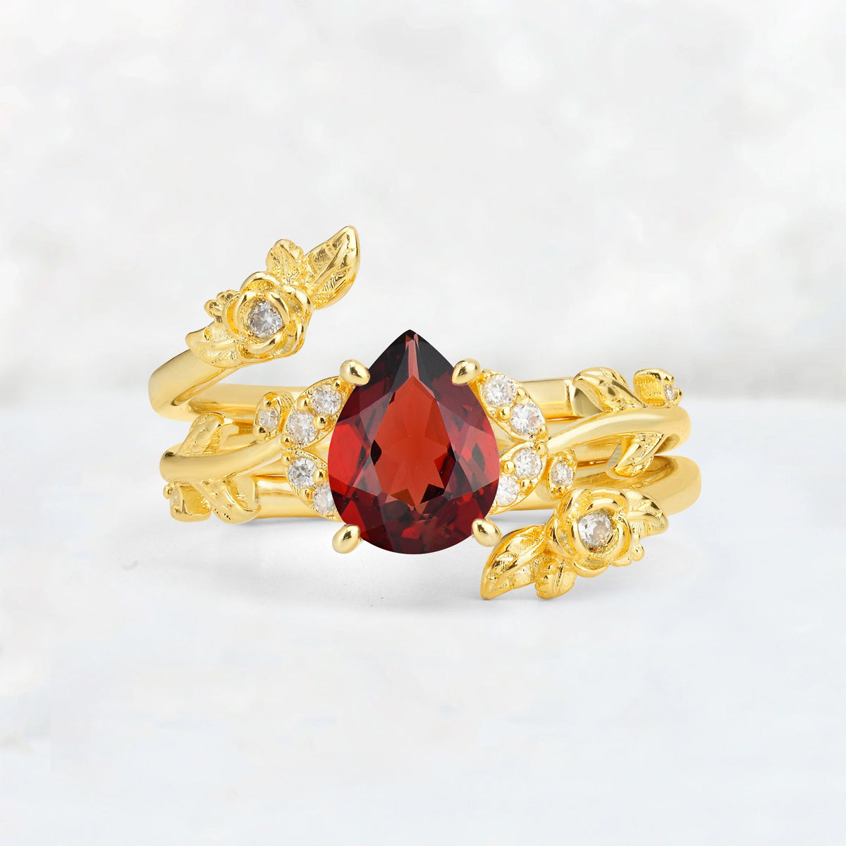 Pear Cut Garnet Floral Vine Bridal Ring Set - Additional view