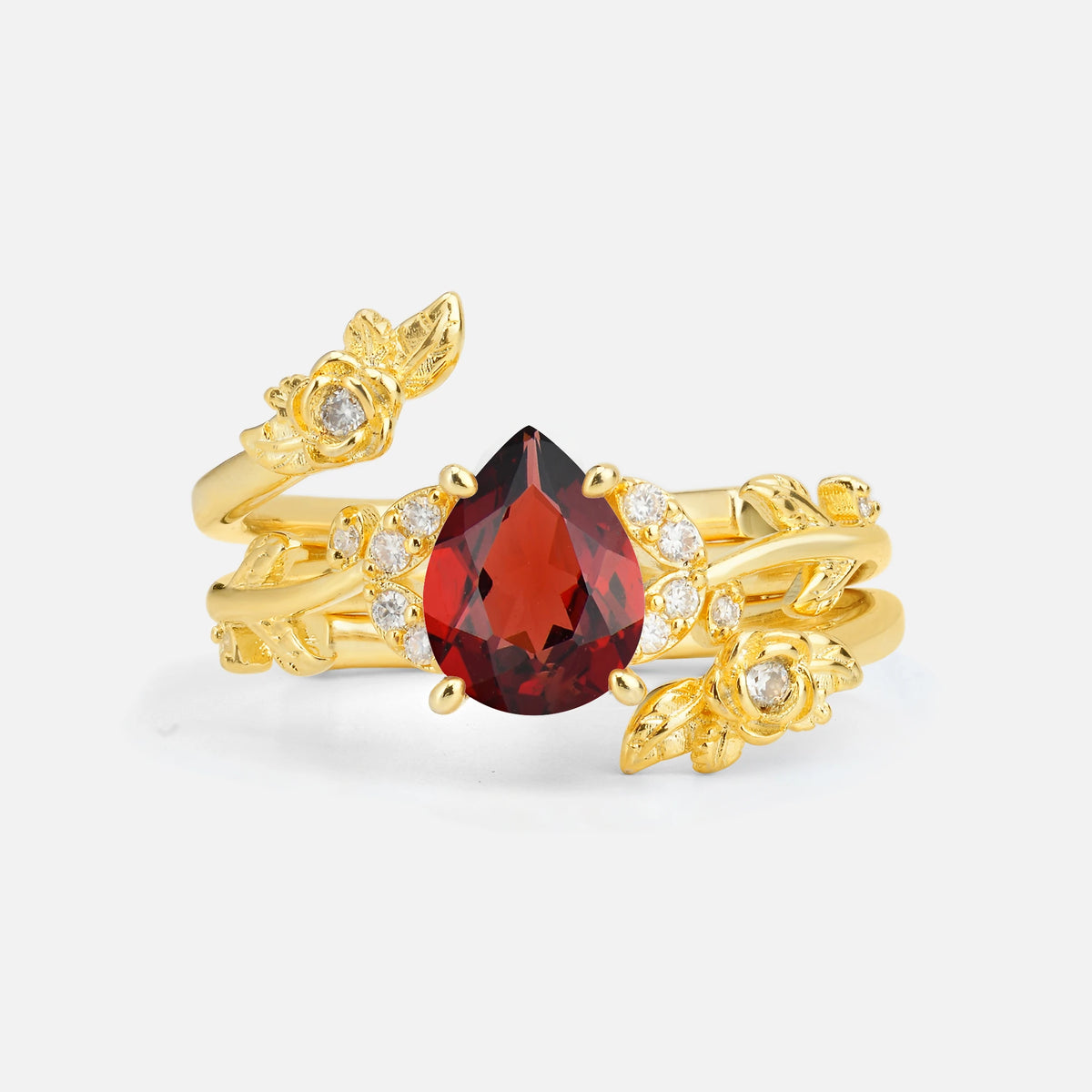 Pear Cut Garnet Floral Vine Bridal Ring Set
