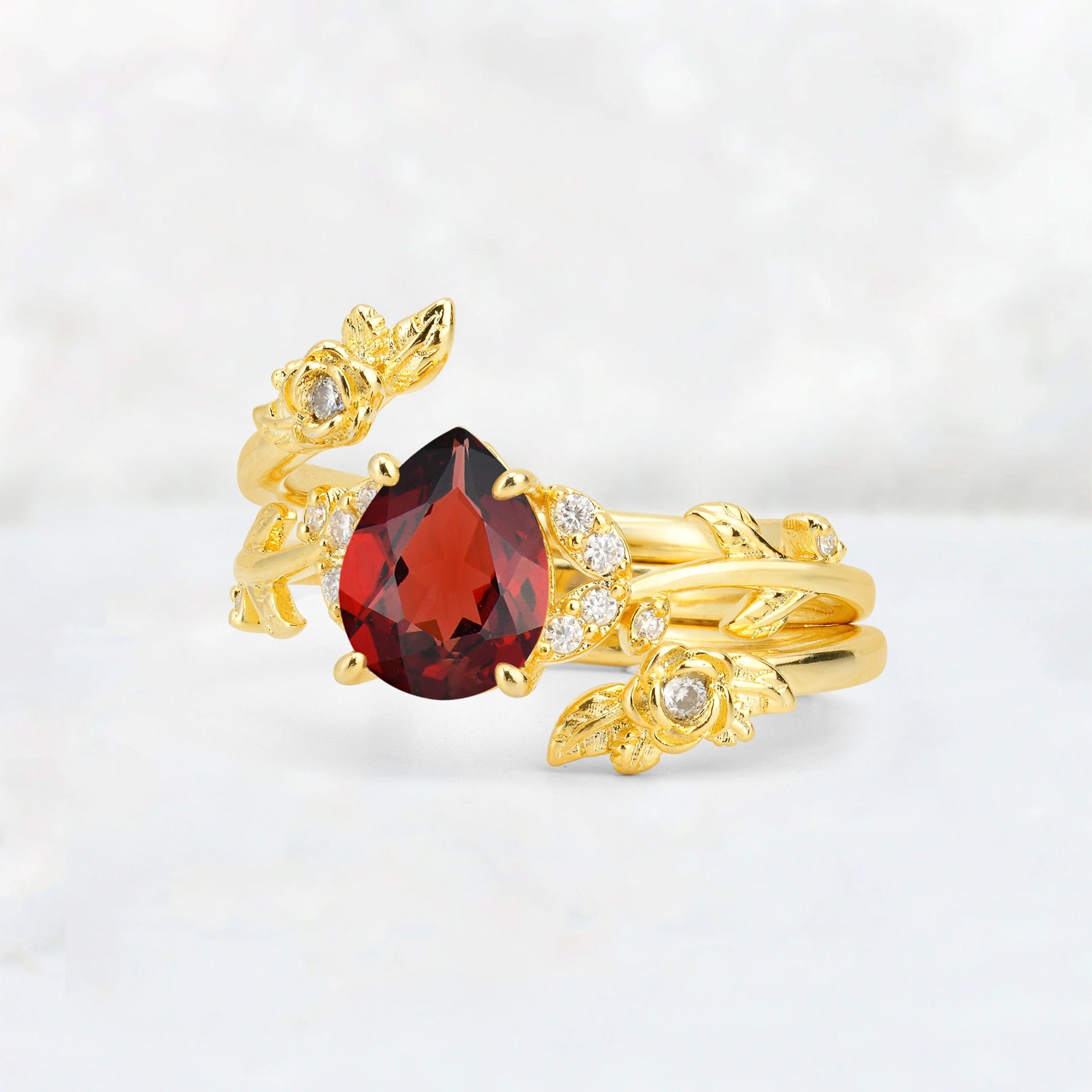 Pear Cut Garnet Floral Vine Bridal Ring Set - Additional view