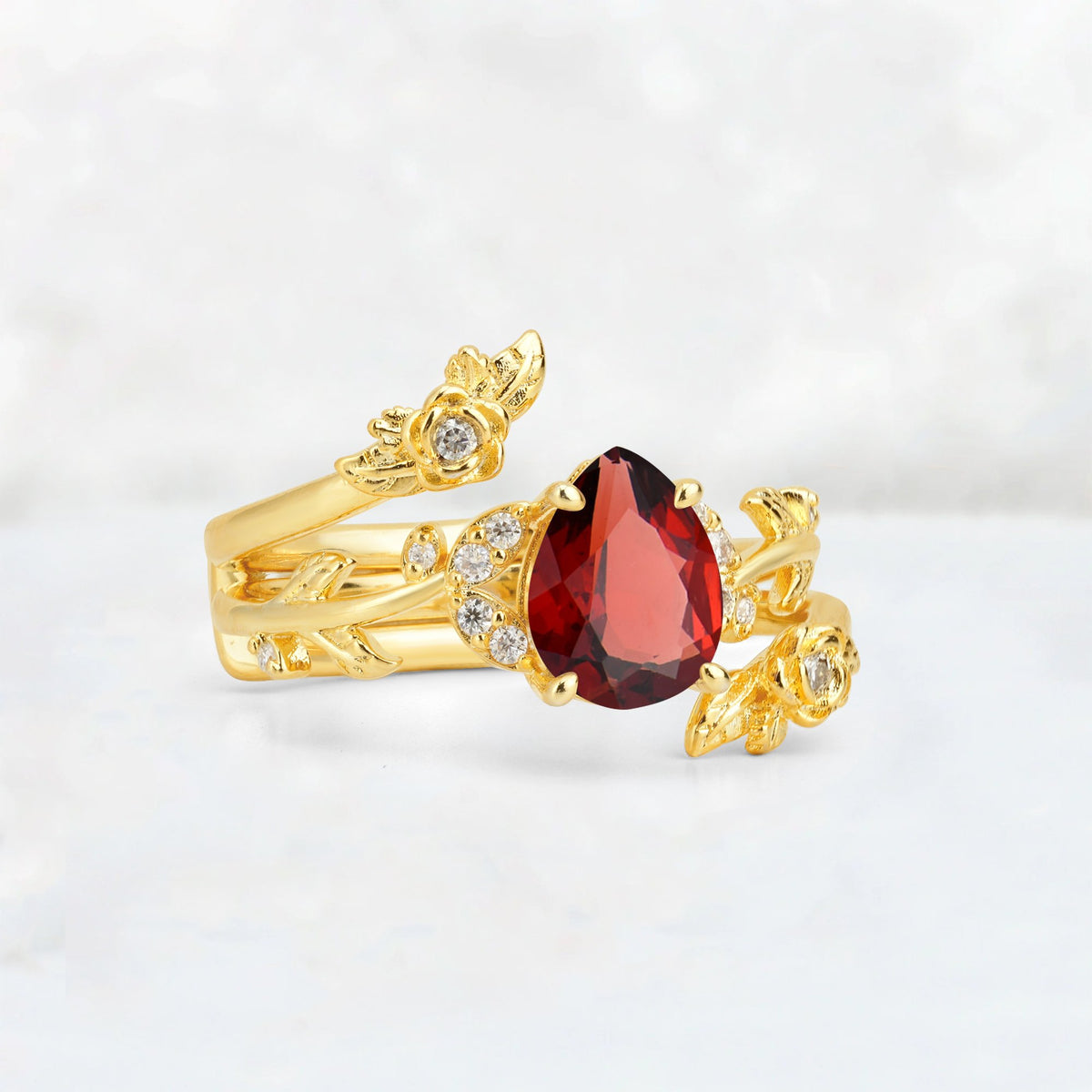 Pear Cut Garnet Floral Vine Bridal Ring Set - Additional view