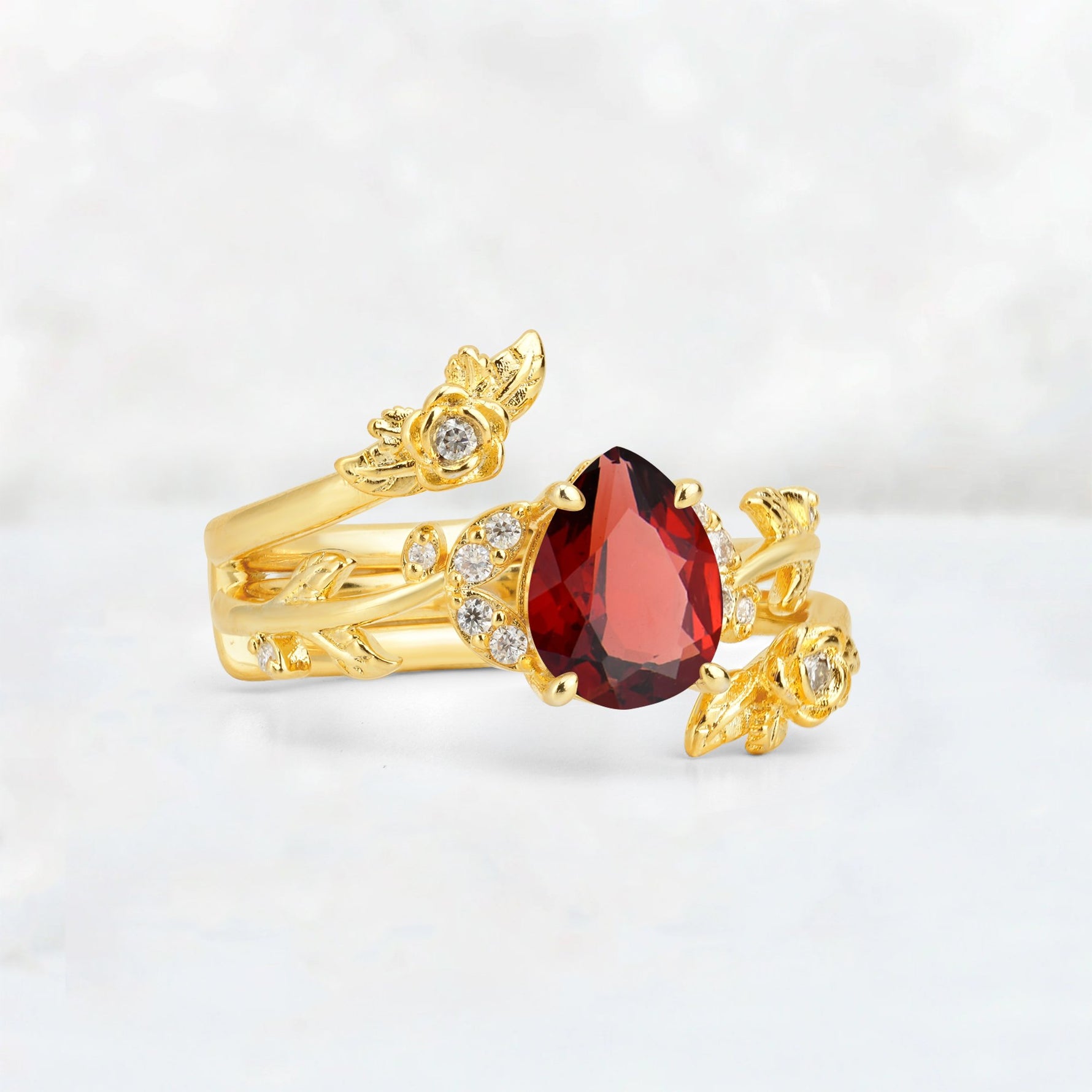 Pear Cut Garnet Floral Vine Bridal Ring Set - Additional view