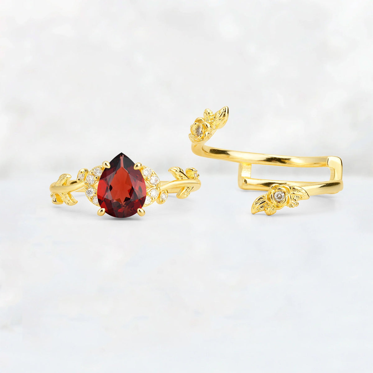 Pear Cut Garnet Floral Vine Bridal Ring Set - Additional view