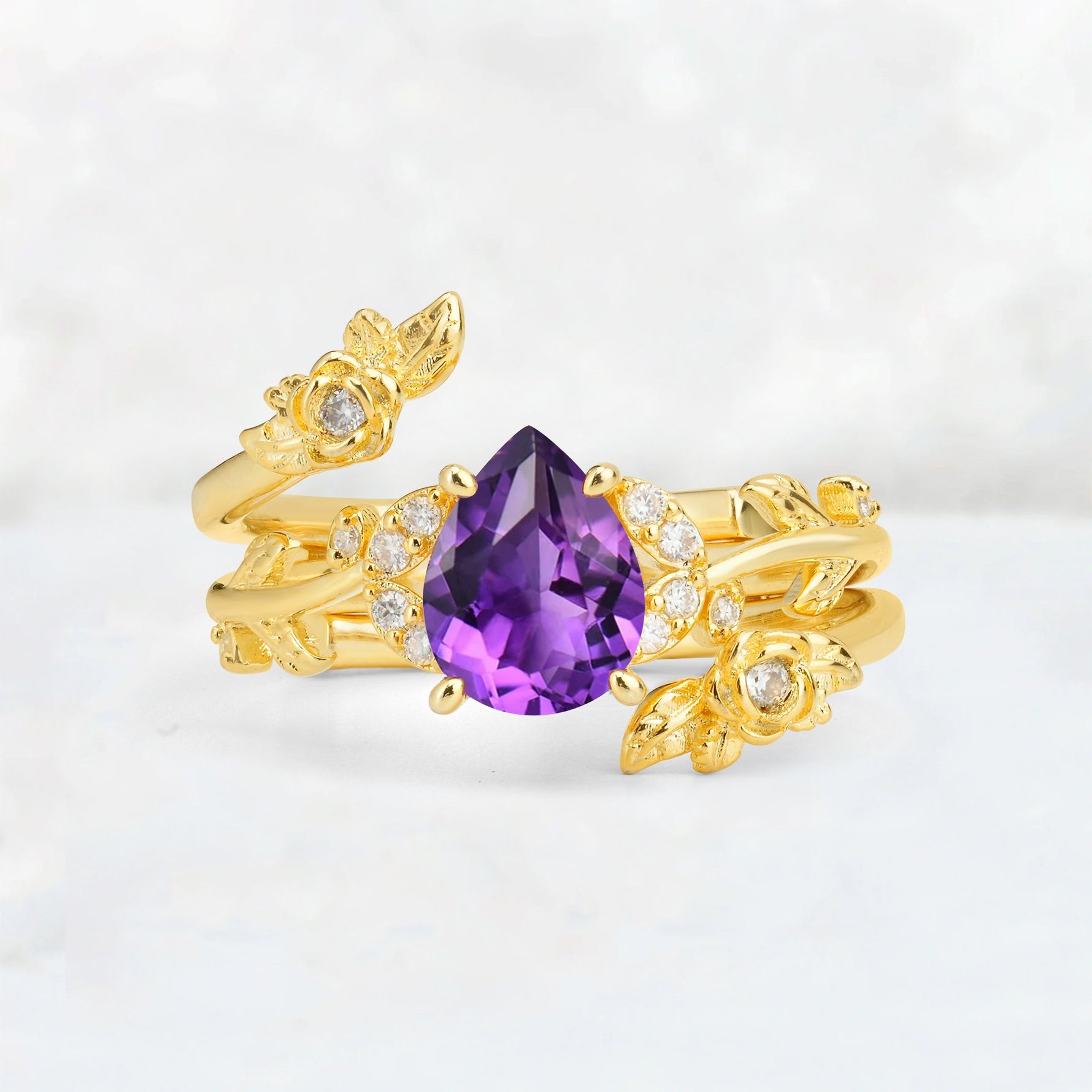Pear Cut Amethyst Floral Vine Bridal Ring Set - Additional view
