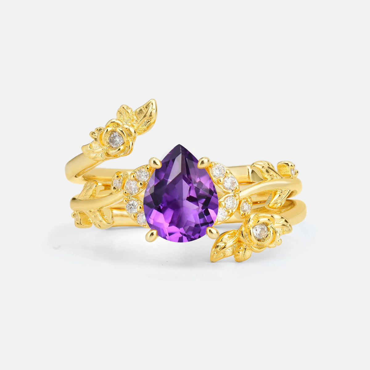 Pear Cut Amethyst Floral Vine Bridal Ring Set