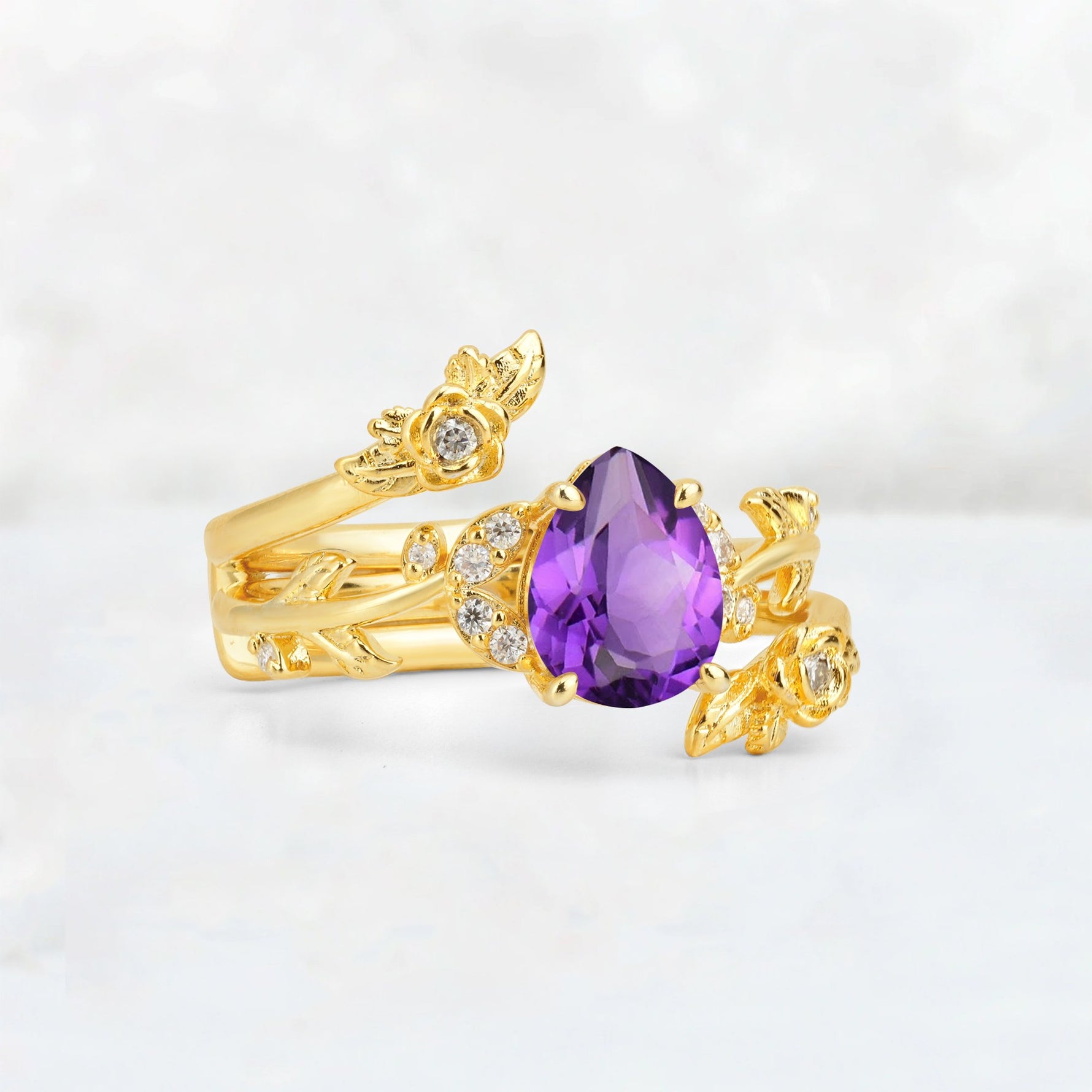 Pear Cut Amethyst Floral Vine Bridal Ring Set - Additional view