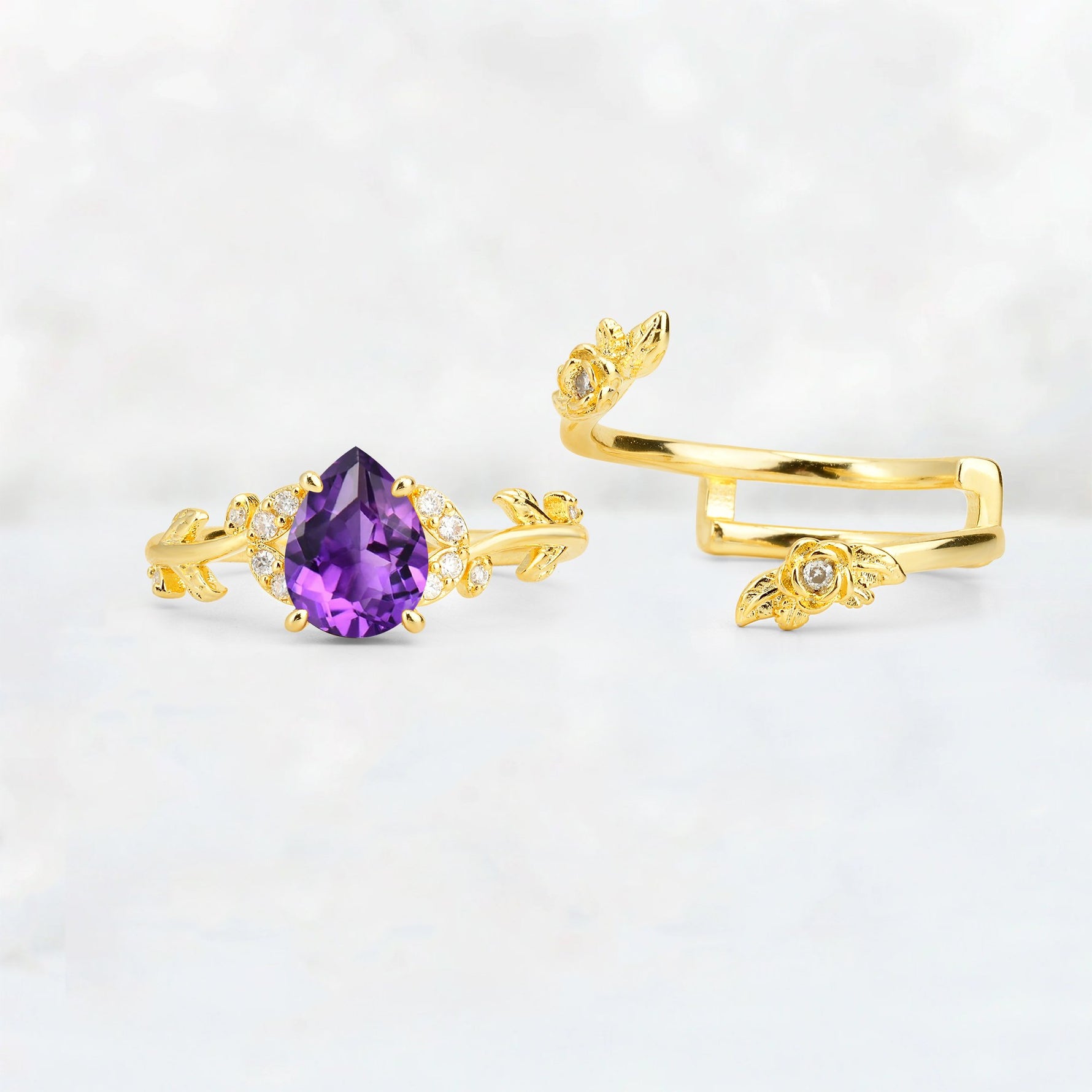Pear Cut Amethyst Floral Vine Bridal Ring Set - Additional view