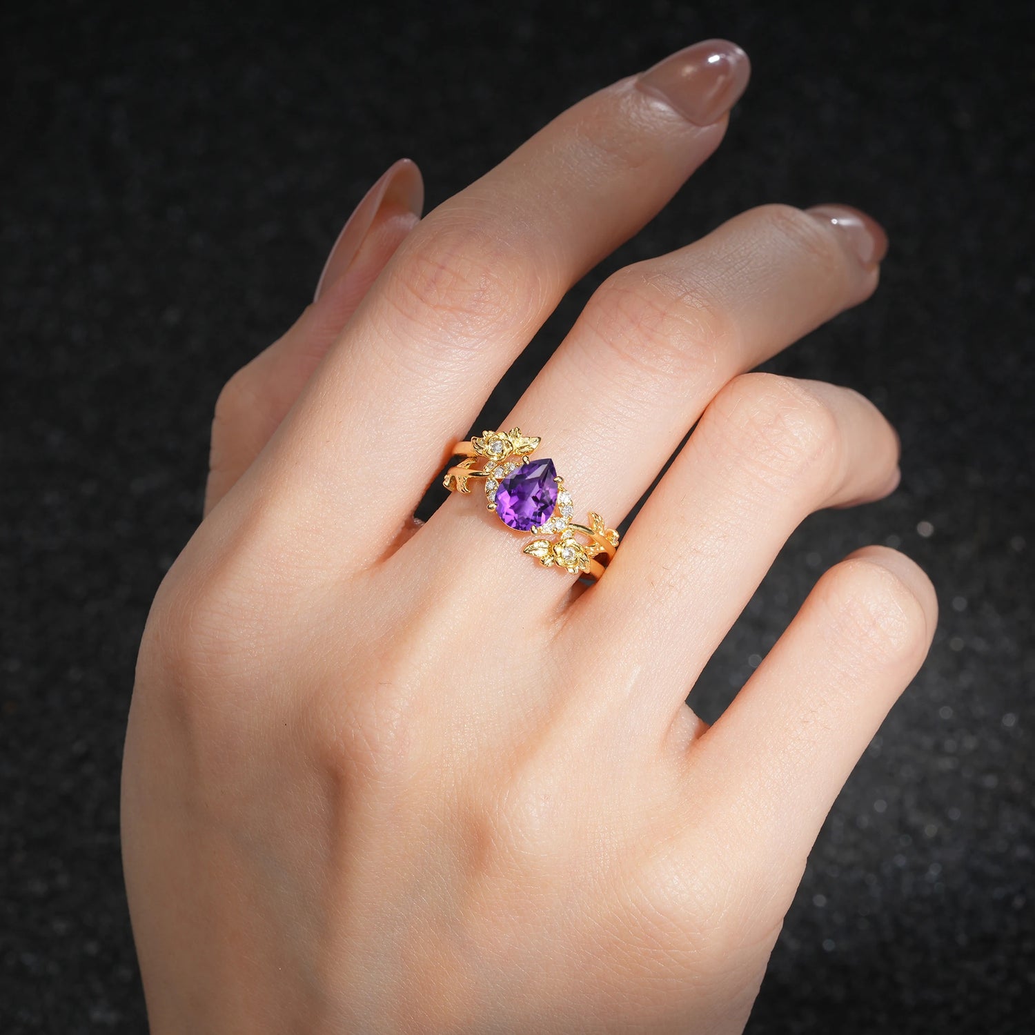 Pear Cut Amethyst Floral Vine Bridal Ring Set