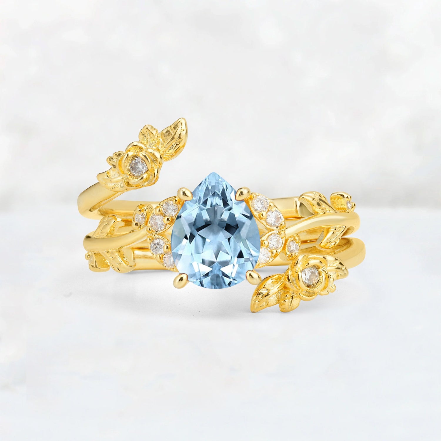 Pear Cut Aquamarine Floral Vine Bridal Ring Set - Additional view