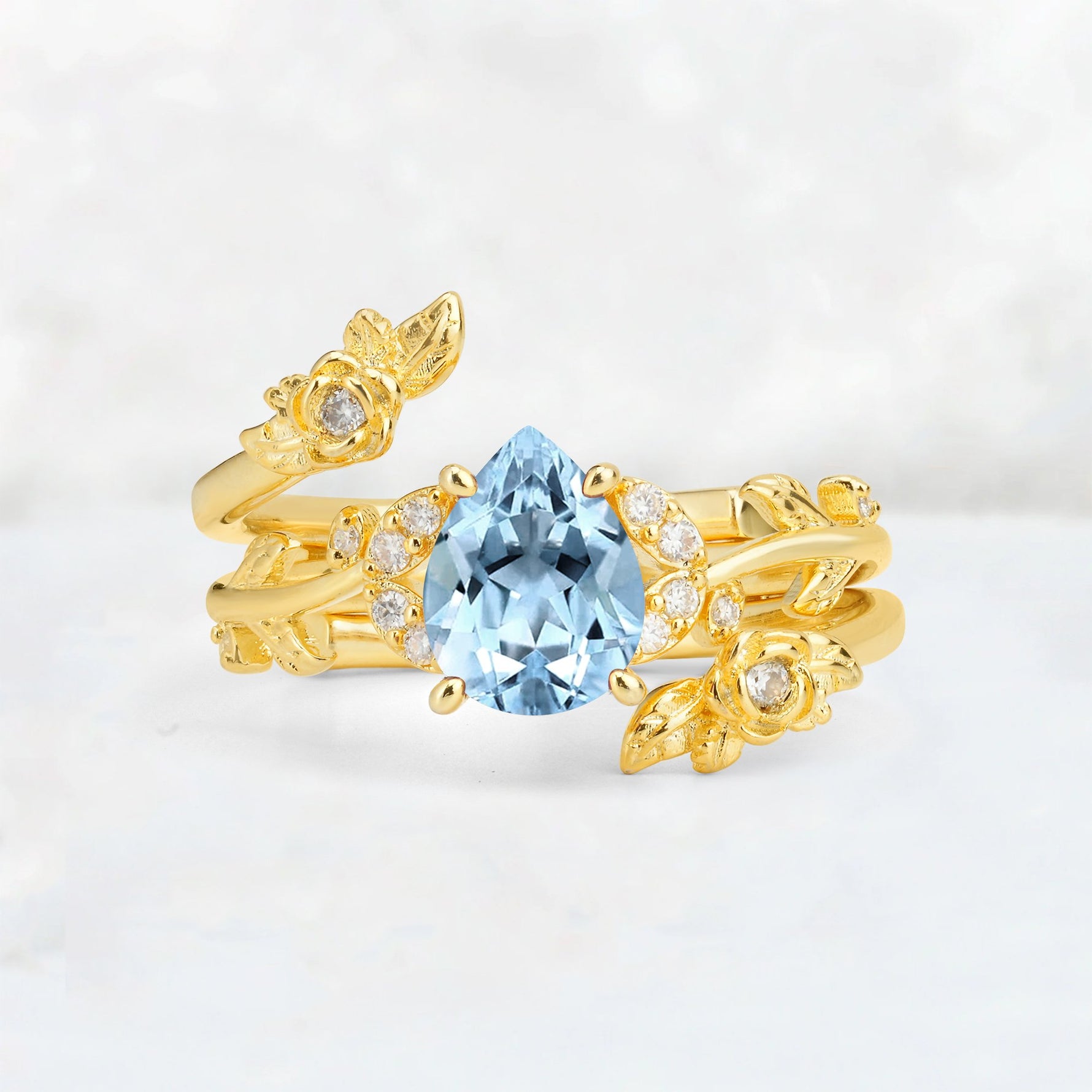 Pear Cut Aquamarine Floral Vine Bridal Ring Set - Additional view