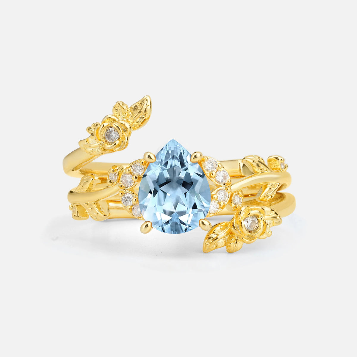 Pear Cut Aquamarine Floral Vine Bridal Ring Set