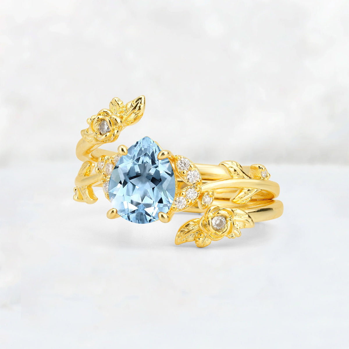 Pear Cut Aquamarine Floral Vine Bridal Ring Set - Additional view