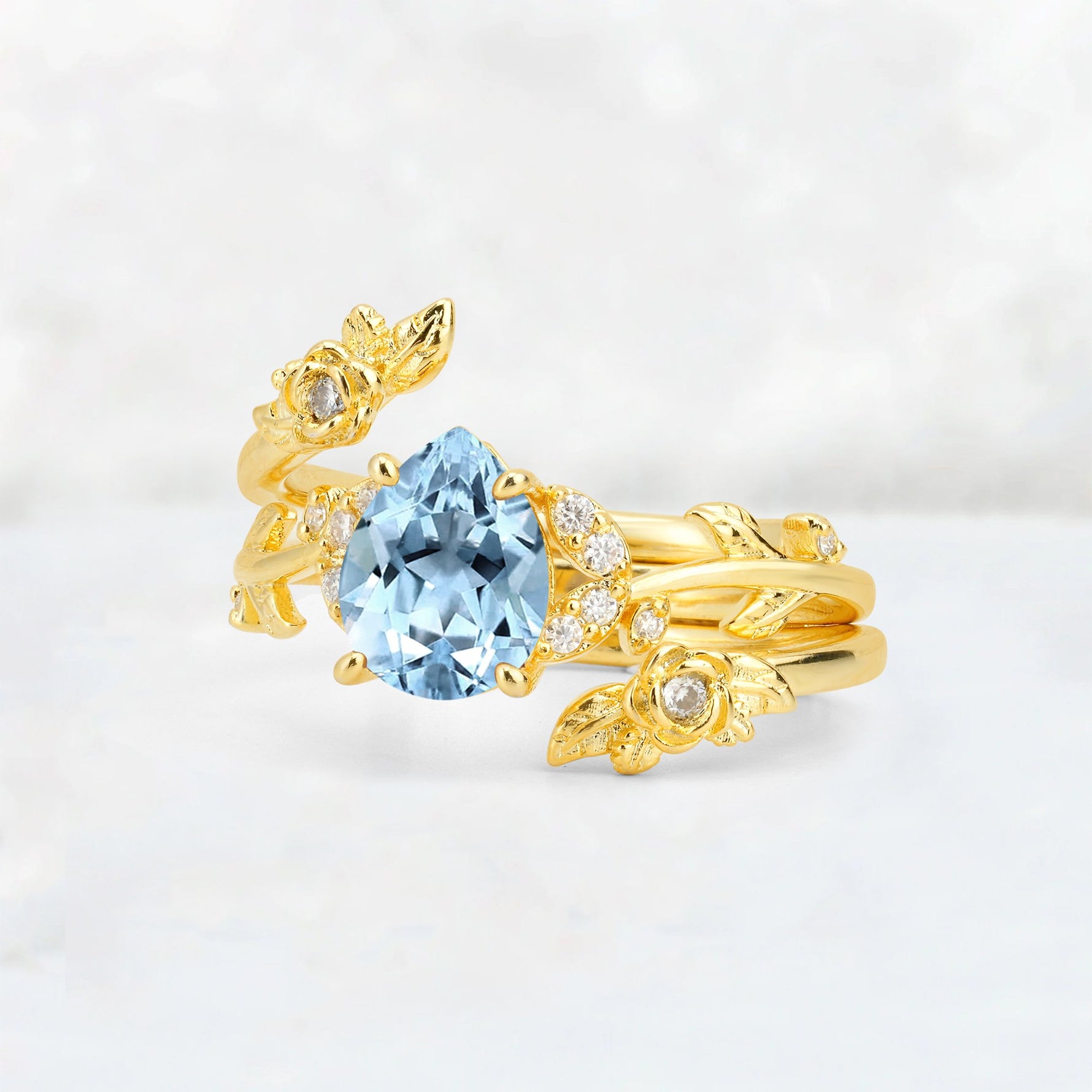 Pear Cut Aquamarine Floral Vine Bridal Ring Set - Additional view