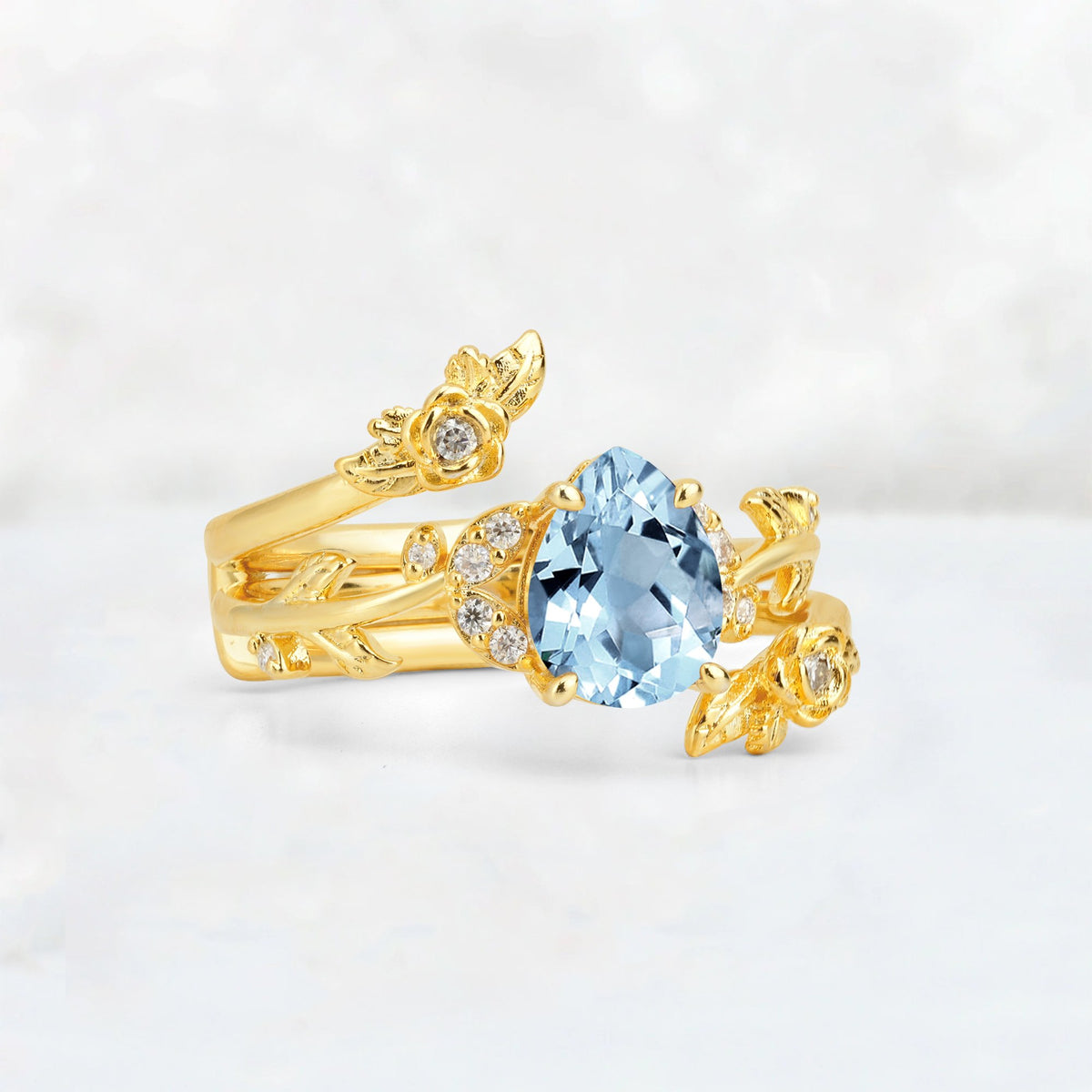 Pear Cut Aquamarine Floral Vine Bridal Ring Set - Additional view