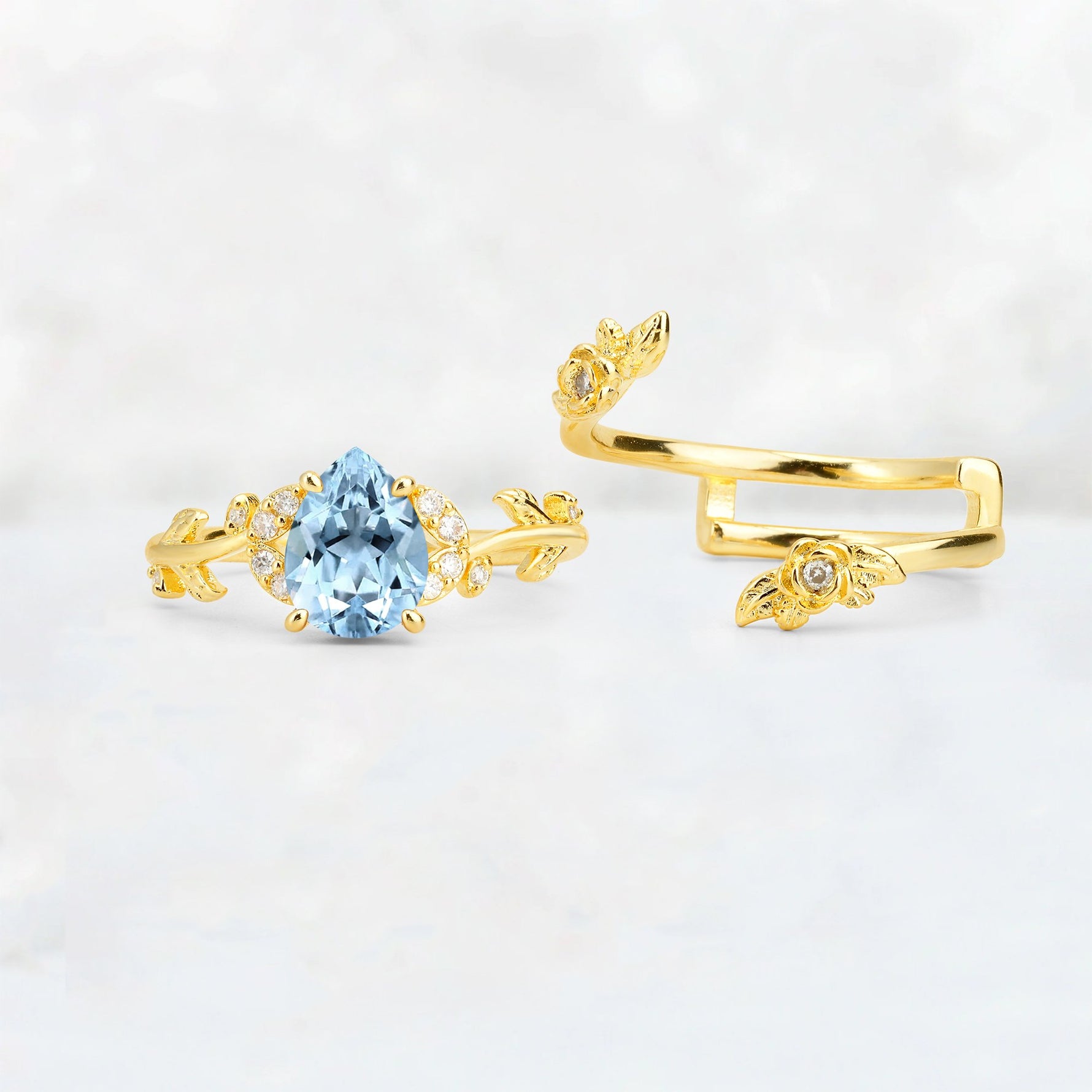 Pear Cut Aquamarine Floral Vine Bridal Ring Set - Additional view