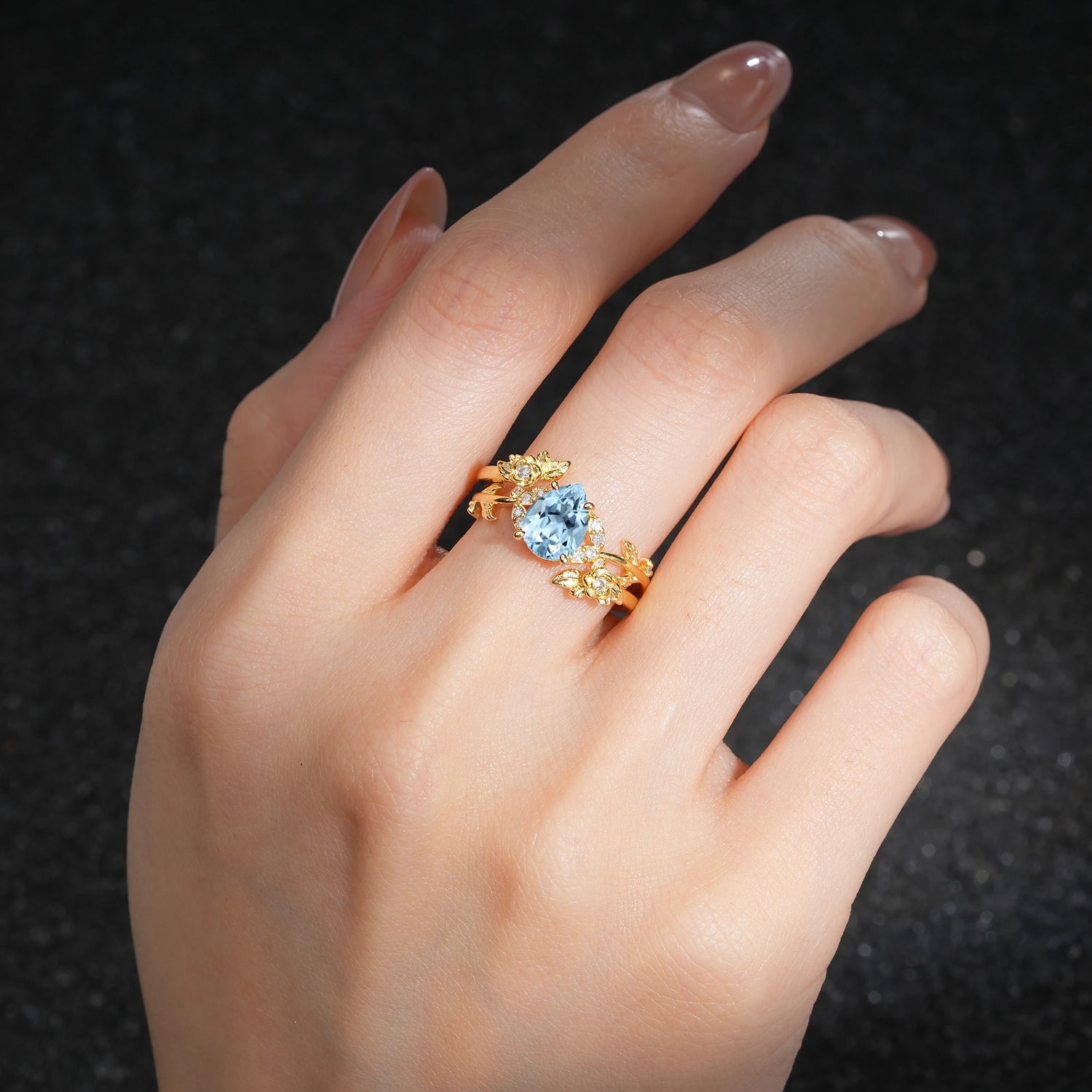 Pear Cut Aquamarine Floral Vine Bridal Ring Set