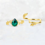 Pear Cut Emerald Floral Vine Bridal Ring Set - Additional view