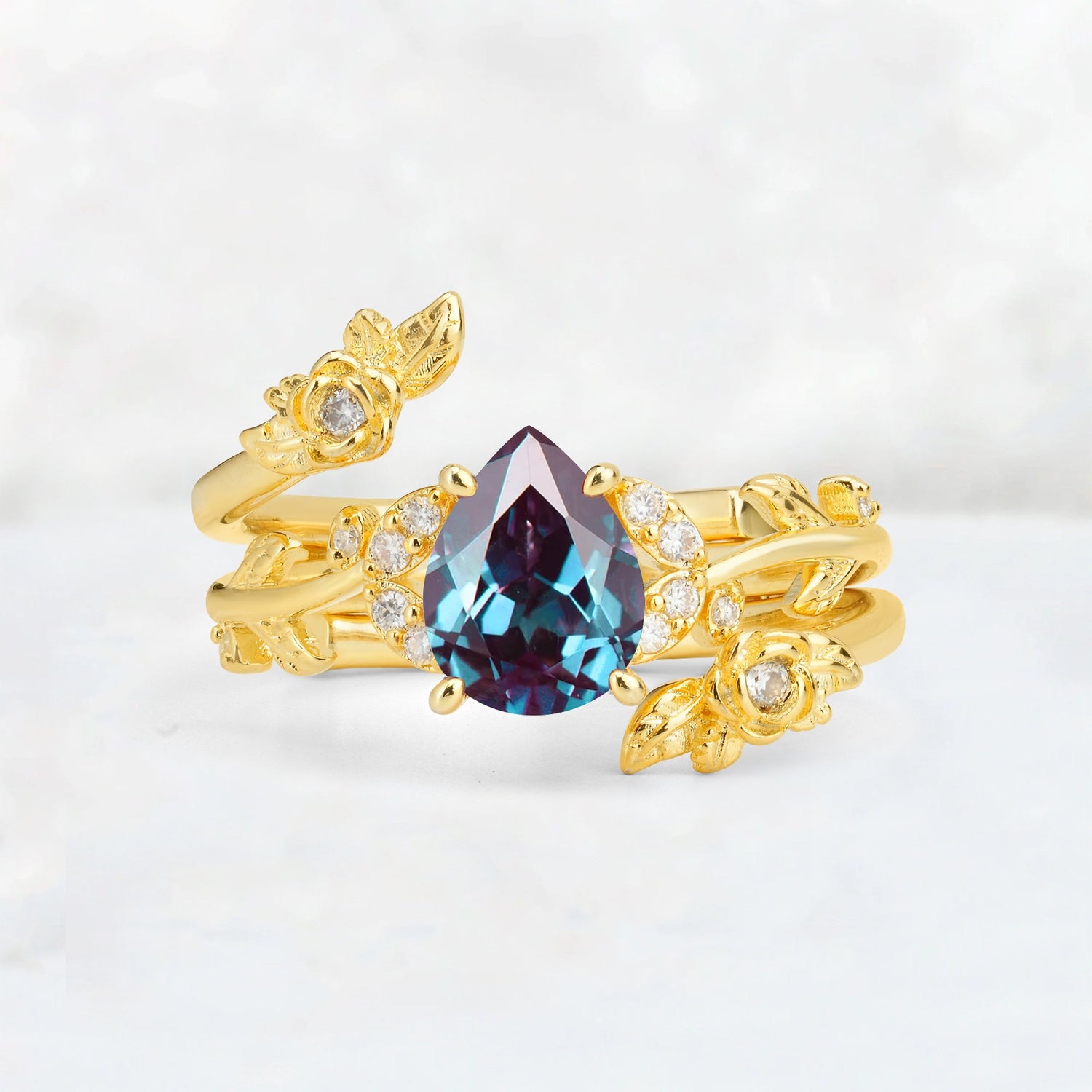 Pear Cut Alexandrite Floral Vine Bridal Ring Set - Additional view
