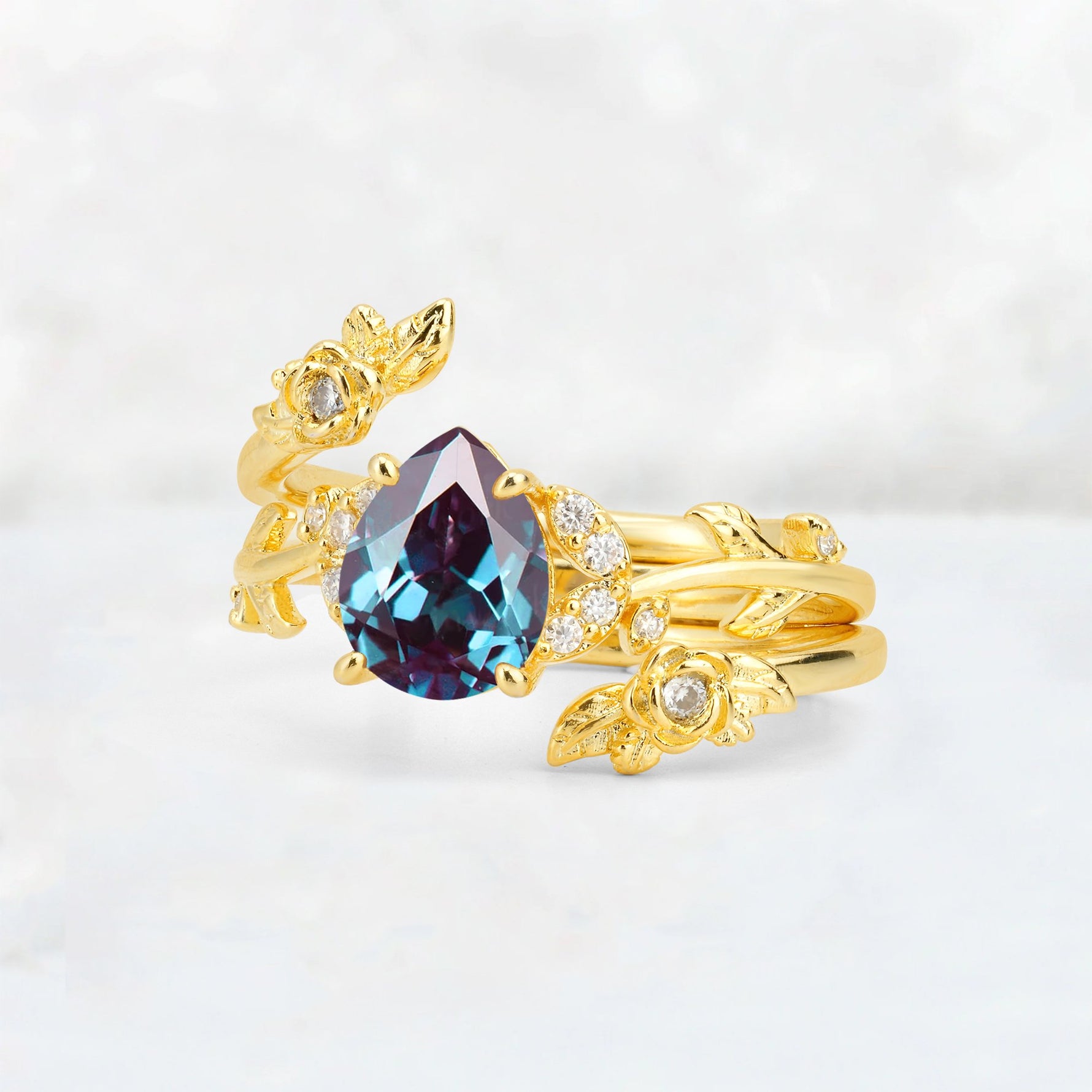Pear Cut Alexandrite Floral Vine Bridal Ring Set - Additional view