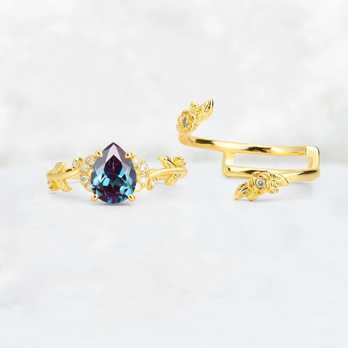 Pear Cut Alexandrite Floral Vine Bridal Ring Set - Additional view