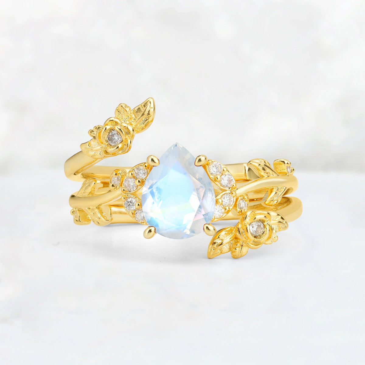 Pear Cut Moonstone Floral Vine Bridal Ring Set - Additional view