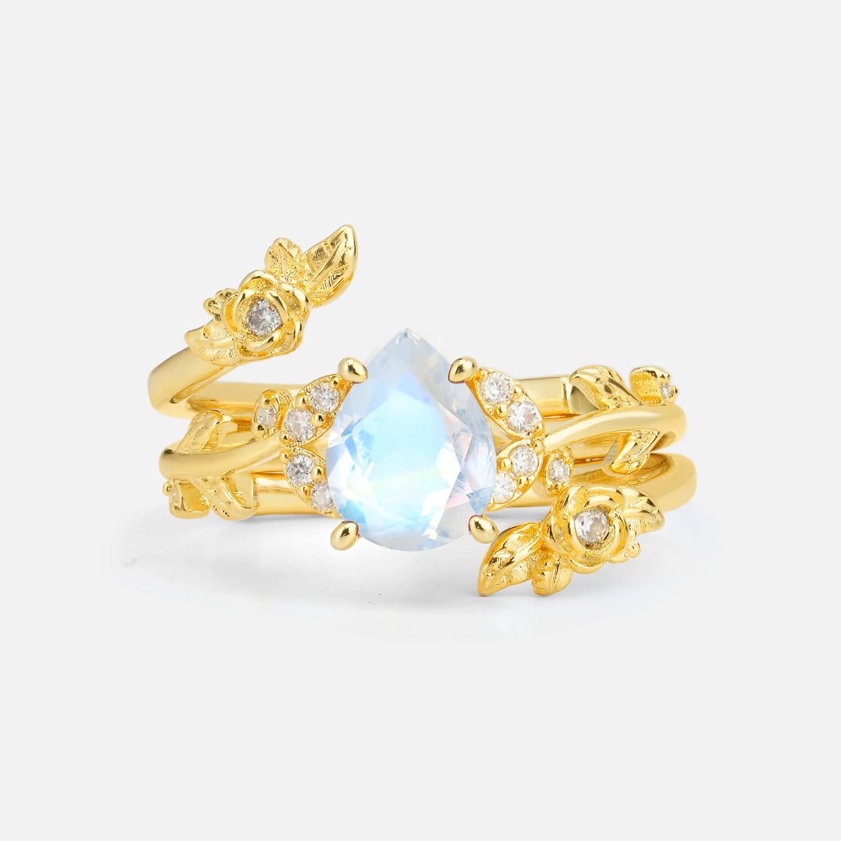 Pear Cut Moonstone Floral Vine Bridal Ring Set
